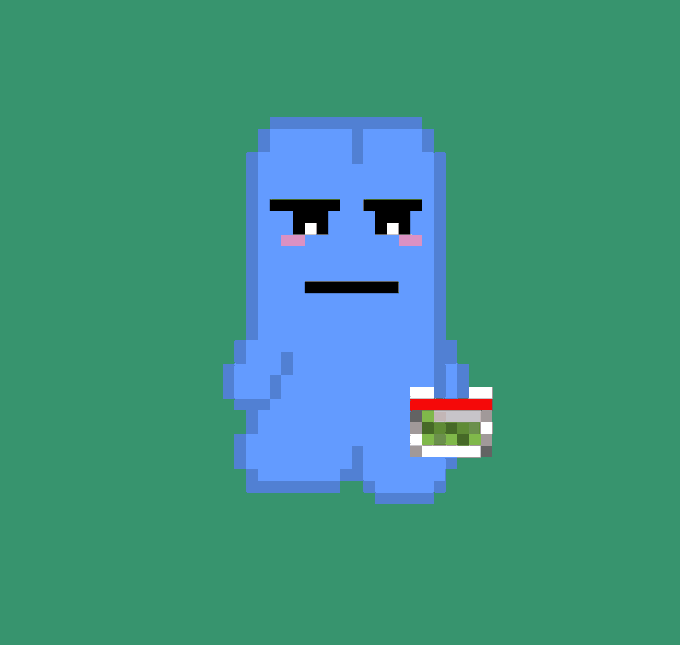 A pixel-art-style blue character with a flat expression standing on a green background, holding a small dog wearing red and white striped glasses.