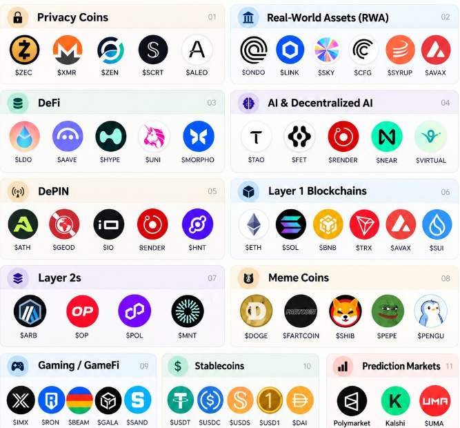 An infographic categorizing cryptocurrencies into 11 sectors including Privacy Coins (ZEC, XMR), Real-World Assets (ONDO, AVAX), DeFi (AAVE, HYPE), and Meme Coins (DOGE, PEPE).
