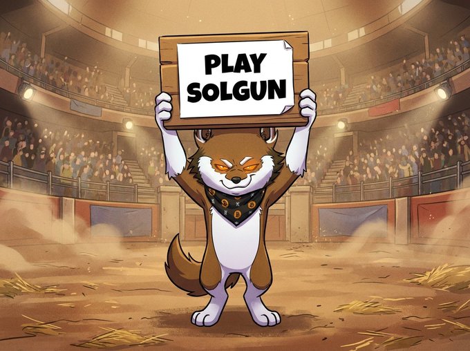 The image features a cartoon dog holding up a sign that reads "Play Solgun". The background of the image shows an arena with people watching, indicating that this scene takes place at a sporting event or a similar gathering.