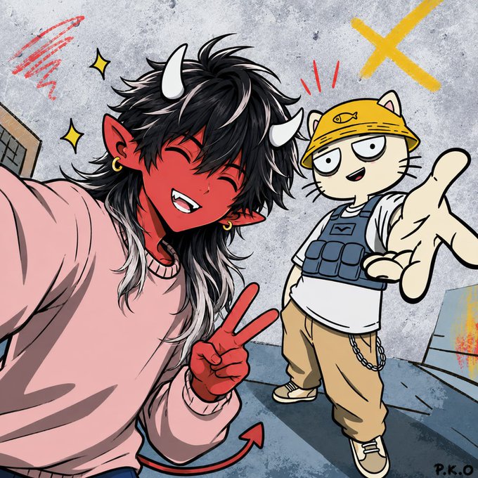 A cartoon-style illustration featuring a red-skinned demon-like character taking a selfie with a peace sign next to a cat-like figure wearing a yellow bucket hat and a tactical vest.