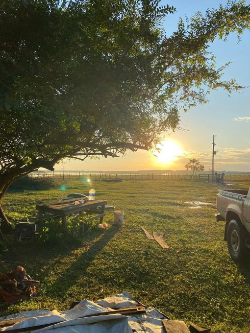 A serene sunset scene in a rural or ranch setting, featuring a large tree in the foreground, a picnic table, a pickup truck, and the sun setting low over a grassy field.
