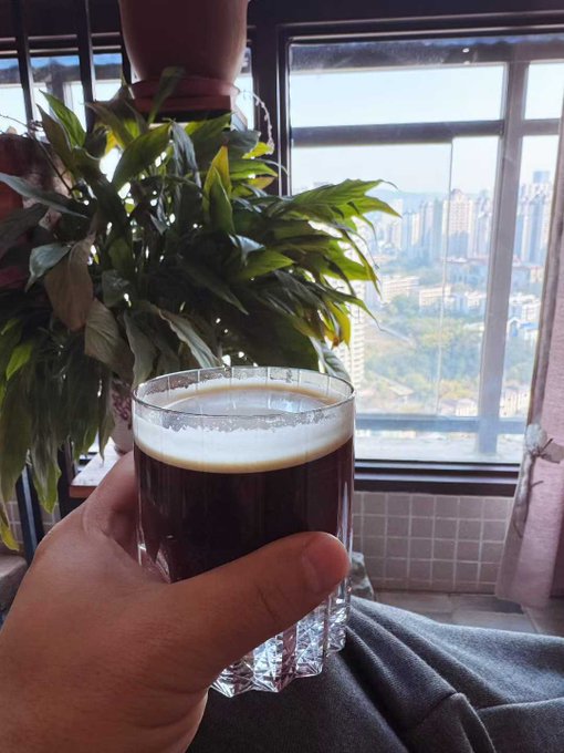 A hand holds a glass of dark coffee with foam in front of a window overlooking a city skyline and green potted plant.