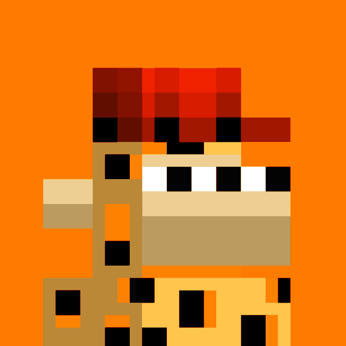 A pixel art style image showing an abstract, blocky figure with red and black elements on top and tan and orange geometric shapes below, set against a solid orange background.