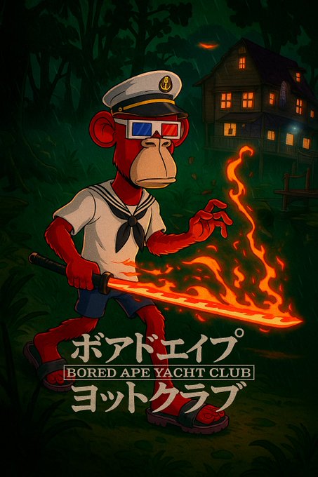 An animated red Bored Ape character dressed in a sailor outfit wields a flaming sword in front of a spooky treehouse, with Japanese katakana text "ボアドエイプ ヨットクラブ" and English text "BORED APE YACHT CLUB" displayed below. The image relates to the "Apefest ready" message by showcasing the iconic Bored Ape Yacht Club mascot in a festive, adventurous style, signaling enthusiasm for the upcoming Apefest event.