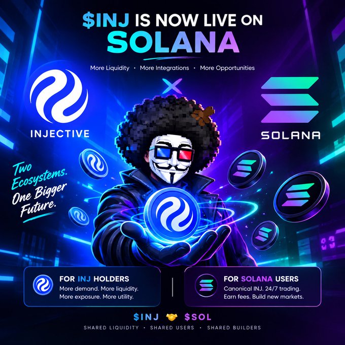 A promotional graphic announces '$INJ IS NOW LIVE ON SOLANA', featuring logos for Injective and Solana with the tagline 'Two Ecosystems. One Bigger Future.'