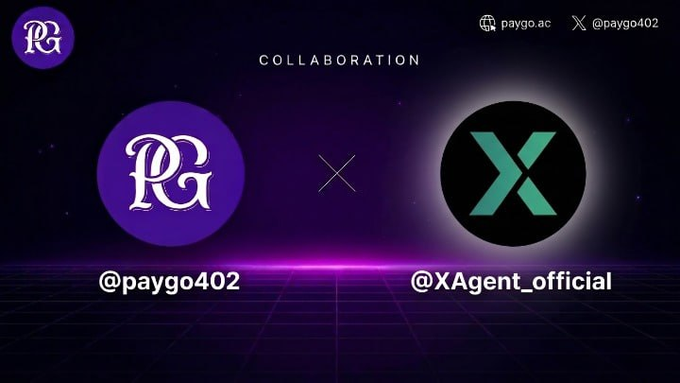 The image features a purple circle with an X inside of it, accompanied by a green circle that says "X-Agent" on it. Below these circles are two lines of text that read "collaboration" and "@PayGo402". The background is dark purple, and there's a small white logo in the top left corner.