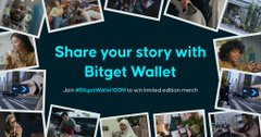 A collage of photos of people and cats frames a central banner reading "Share your story with Bitget Wallet," with a hashtag #BitgetWallet1010 encouraging fans to submit stories. The image promotes Bitget Wallet's 100M users merch giveaway, tying into the post's reminder that there are roughly two days left to enter the draw.