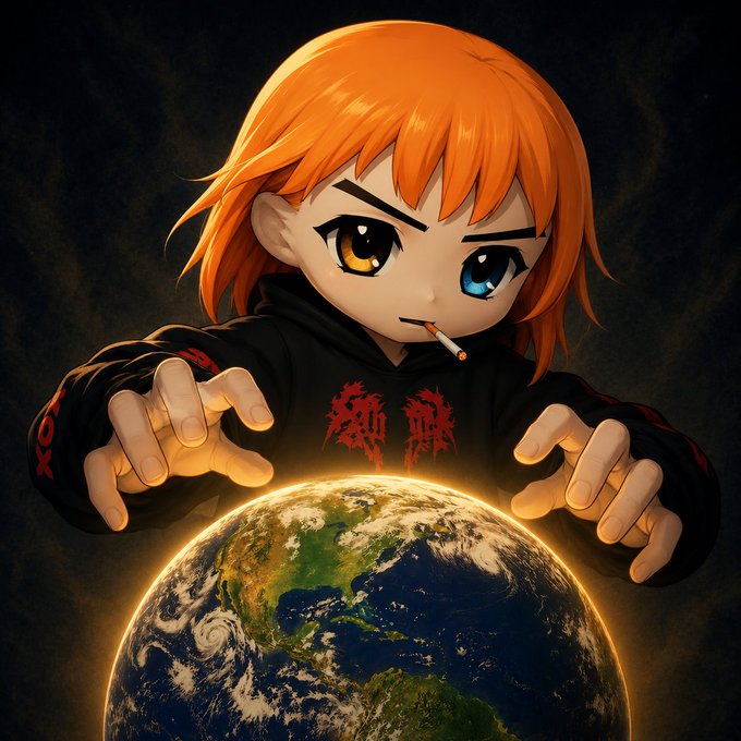Anime-style illustration of an orange-haired character with heterochromia (one brown, one blue eye) holding a cigarette and reaching toward Earth.
