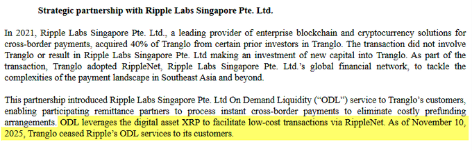 The image shows a text box containing information about Ripple Lab's digital asset service. It appears that Ripple Lab has stopped using ODL as of November 10, 2020, but users still continue to use it via RippleDocs. The main points conveyed in this post are: 1) Ripple Lab is no longer utilizing ODL; 2) There are a few other users who can be determined either way; and 3) the implications include Ripple Docs being used as an alternative payment method by customers, while ODL users continue to use RippleLab itself.