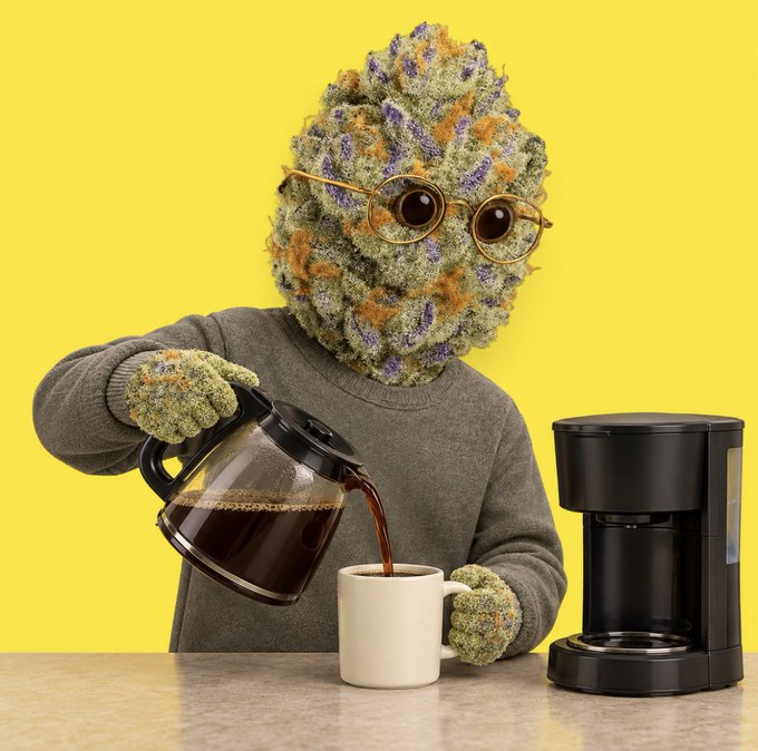 A person wearing a gray sweater and novelty cannabis bud head and gloves, pouring coffee from a glass carafe into a mug next to a black coffee maker against a bright yellow background.