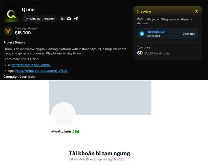 The image shows a screenshot of an email from QZINO website featuring information about Wallchain cryptocurrency. The email appears to be promotional, as it is sponsored by the company and highlights its capabilities for users to connect with others online. The content also discusses campaign details, such as a four-post advertisement on Twitter (link provided) that is sponsored by QZINO. This implies that QZINO may have a platform where they host or promote different types of campaigns related to cryptocurrency, blockchain technology, and digital marketing strategies.