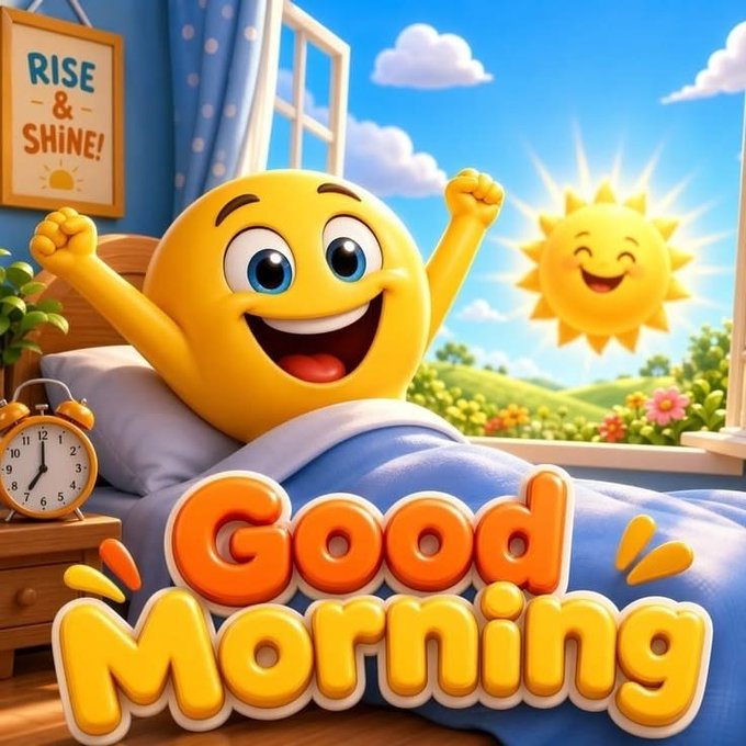 A colorful digital illustration features a cheerful yellow smiley face stretching in bed with the text 'Good Morning' and a 'Rise & Shine!' sign on the wall.