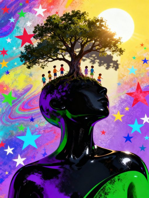 Surreal digital artwork of a glossy black human figure in profile with a large tree growing from their head, populated by small colorful human figures, set against a vibrant star-filled cosmic background.