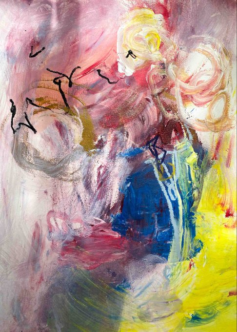 The image shows an abstract oil painting featuring vibrant, expressive brushstrokes in pink, yellow, blue, and white hues with what appears to be floral or figurative forms emerging from the chaotic composition. There is no text or specific branding visible, though the energetic, free-flowing aesthetic complements the cheerful "Good morning Ordinals" greeting by evoking a fresh, artistic start to the day in the crypto/NFT space.