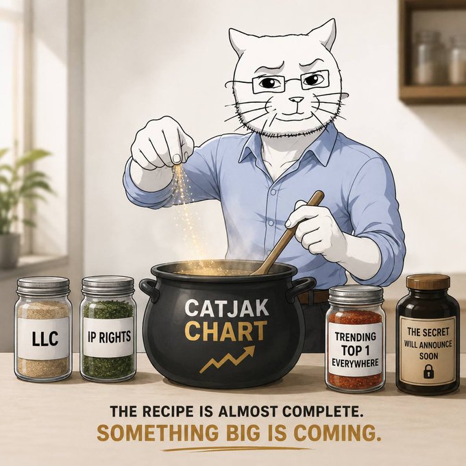 An illustration of a cat-headed character in a blue shirt stirring a black cauldron labeled 'CATJAK CHART' with an upward arrow; surrounding spice jars are labeled 'LLC', 'IP RIGHTS', 'TRENDING TOP 1 EVERYWHERE', and 'THE SECRET WILL ANNOUNCE SOON', with the text 'THE RECIPE IS ALMOST COMPLETE. SOMETHING BIG IS COMING.'