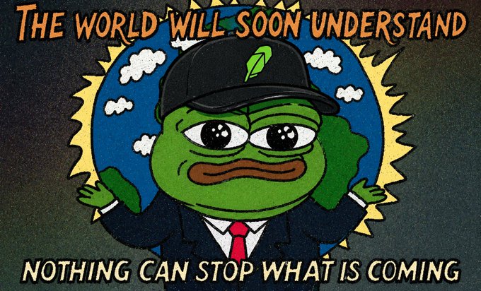 A Pepe the Frog meme character wearing a black cap and suit stands before a sun and clouds backdrop with bold orange text reading "THE WORLD WILL SOON UNDERSTAND" at the top and "NOTHING CAN STOP WHAT IS COMING" at the bottom, visually reinforcing the post's claim that the Robinhood Chain ($HOME) meme initiative will be unstoppable.