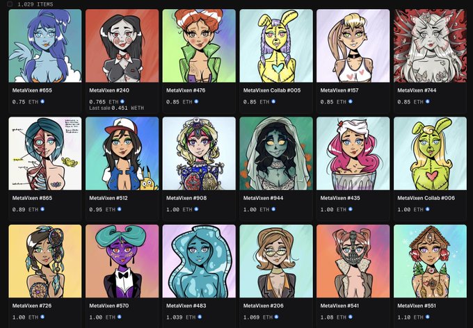 The image displays a grid of 18 MetaVixen NFT collectibles, each featuring distinctive character artwork with names and prices ranging from 0.75 to 1.10 ETH, inviting viewers to "Join us" in the MetaVixen collection as advertised.