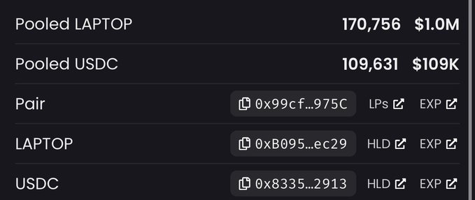 The image shows the $LAPTOP liquidity pool on Aerodrome with 170,756 Pooled LAPTOP ($1.0M) and 109,631 Pooled USDC ($109K), illustrating the post's claim that only ~$109K of USDC remains on the bid side to absorb sell-offs from recipients cashing out their airdrop allocations.