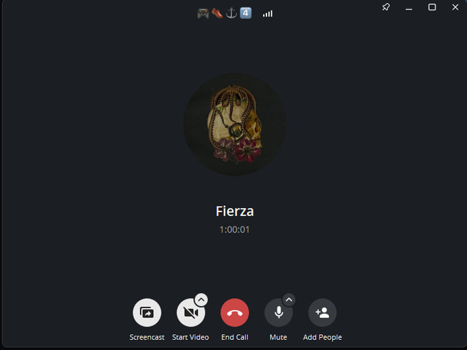 A screenshot of an active Skype call with "Fierza" lasting 1:00:01, displaying options for Screencast, Start Video, End Call, Mute, and Add People, which corresponds to the poster's mention of booking a call with @fierzafajri.