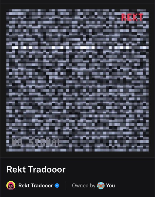 An NFT listing for "Rekt Tradooor" showing a pixelated TV static image with the text "REKT" in the corner.", "Owned by" Rekt Tradooor with a verification badge.