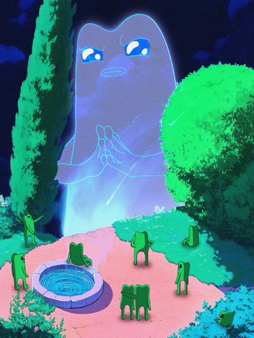 A whimsical nighttime garden scene shows small green frog figurines gathered around a stone fountain, gazing up at a giant translucent blue ghost-like frog with a sad expression towering over them beneath a starry sky. The image complements the post's playful "Fwog cult" theme, depicting the growing $FWOG frog "family" worshipping their larger spectral guardian.