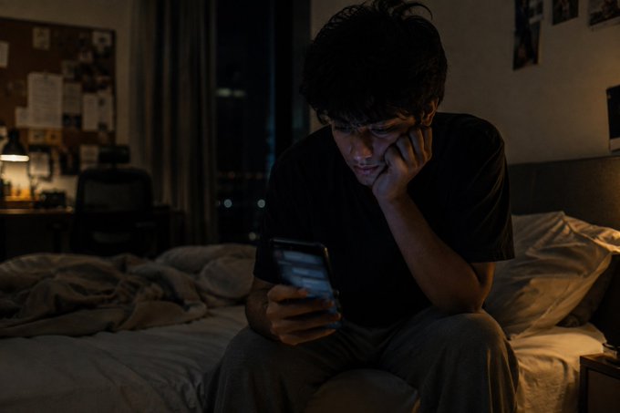 A young man sits on a bed in a dark bedroom, illuminated by the glow of his phone as he types with a reluctant, hesitant expression. The scene mirrors the post's confession—someone using a screen as a safe, anonymous space to finally say the things they've avoided saying out loud for months.