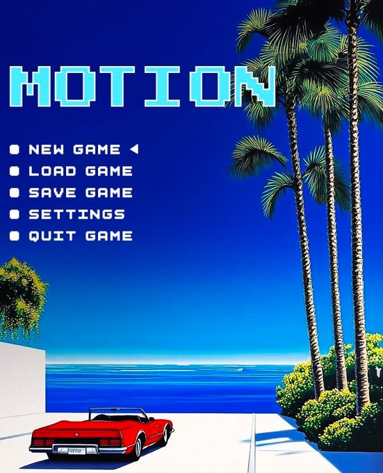 The image shows a retro pixel-art video game menu screen titled "MOTION" with options for "NEW GAME," "LOAD GAME," "SAVE GAME," "SETTINGS," and "QUIT GAME," set against a scenic backdrop of palm trees, ocean, and a red convertible. The pixelated, nostalgic aesthetic ties directly into the post's enthusiasm for the $MOTION token, framing the crypto investment as a "generational run" or game-changing opportunity with retro gaming vibes.