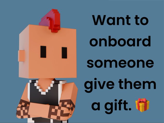 A blocky, voxel-style character with an orange head and red mohawk stands on a blue background next to text reading 'Want to onboard someone give them a gift.' with a gift box emoji.