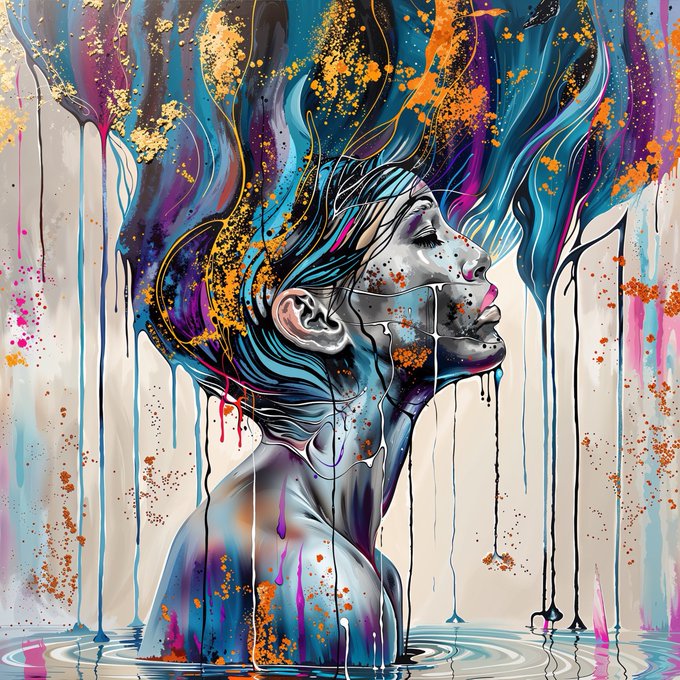 A vibrant, expressive digital painting of a woman in profile with her head tilted back, surrounded by flowing, dripping colors of blue, purple, pink, and splattered orange and yellow paint that resemble a cosmic or melting effect.