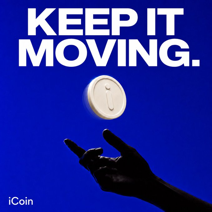 A promotional graphic with a blue background and the text 'KEEP IT MOVING.' features a silhouetted hand tossing a white 'iCoin' token into the air, with the iCoin logo in the bottom left corner.