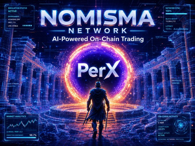 The image features a man standing in front of a castle with a sword, surrounded by blue lines that create an illusion of a digital world. The background includes text about Perx trading and Nomisma Network, suggesting that this scene might be part of a video game or promotional material for a cryptocurrency exchange platform.