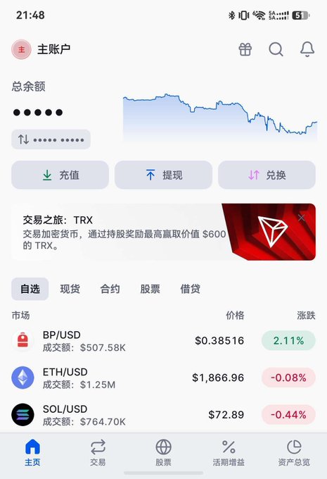Screenshot of a mobile cryptocurrency trading app (in Chinese) showing a main account dashboard with a balance chart, action buttons for deposit/withdraw/exchange, and market prices for BP/USD, ETH/USD, and SOL/USD.