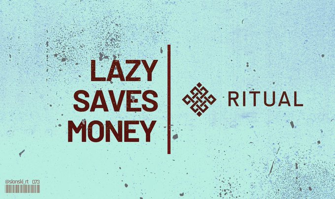 A light blue textured graphic reads 'LAZY SAVES MONEY | RITUAL' in bold dark red text, with '@slonski_rt 073' and a barcode at the bottom.