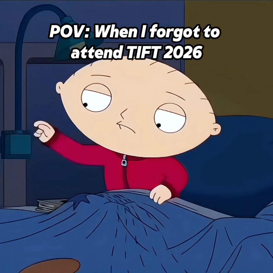 A meme featuring Stewie Griffin from "Family Guy" looking groggy and half-awake in bed with a half-downed glass of water nearby, captioned "POV: When I forgot to attend TIFT 2026" — humorously suggesting missing the Toobit TIFT 2026 event leaves you feeling out of sorts, promoting the event link shared in the post.
