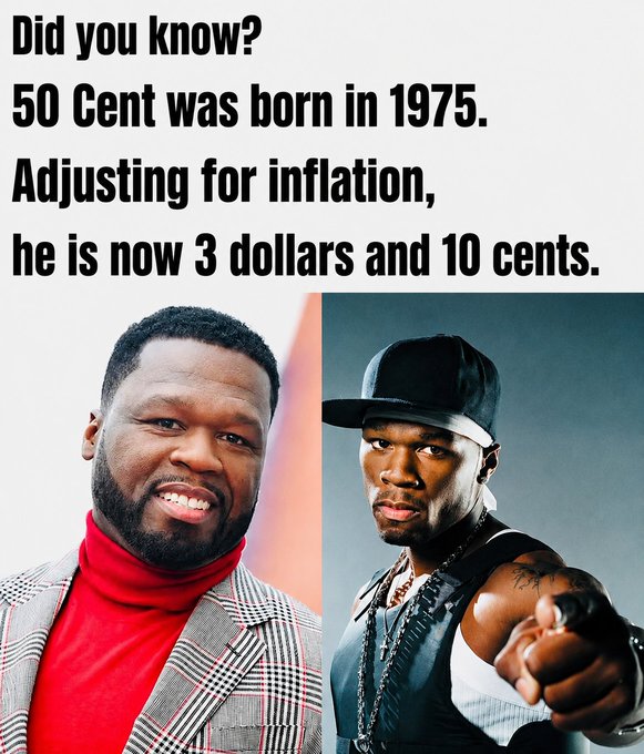 A humorous meme featuring two photos of rapper 50 Cent with text reading 'Did you know? 50 Cent was born in 1975. Adjusting for inflation, he is now 3 dollars and 10 cents.'