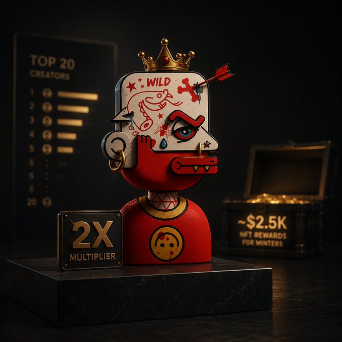 The image features an art piece of a red monster with a white face wearing a crown and holding a bow and arrow. The monster has a sign that says "2X multiplier" next to it, indicating its value or importance within the art world. The monster is displayed on a black pedestal in front of a chest filled with gold coins, which are placed on a marble table. The background of the image is dark, making the red monster and the gold coins stand out prominently.