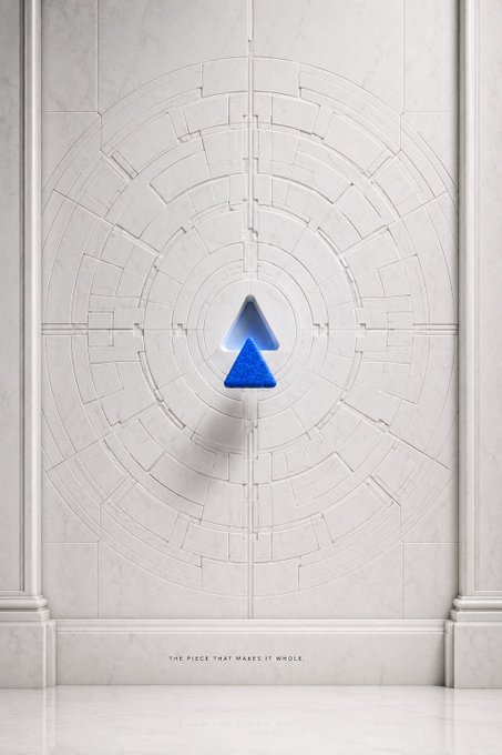 A glowing blue triangle token sits at the center of an ornate marble labyrinth, with the tagline "THE PIECE THAT MAKES IT WHOLE." below. The triangular shape evokes both the Base blockchain logo and a literal "chip," visually tying the $BLUECHIP memecoin to its NVIDIA partnership while symbolizing the project's claim to be the missing key piece for Base's memestock ambitions.