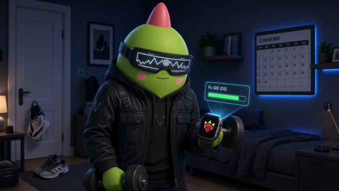 An animated green character with a single red horn and digital visor glasses lifts dumbbells in a modern bedroom, with a floating panel showing 'FX GIE (0S)' and a progress bar.