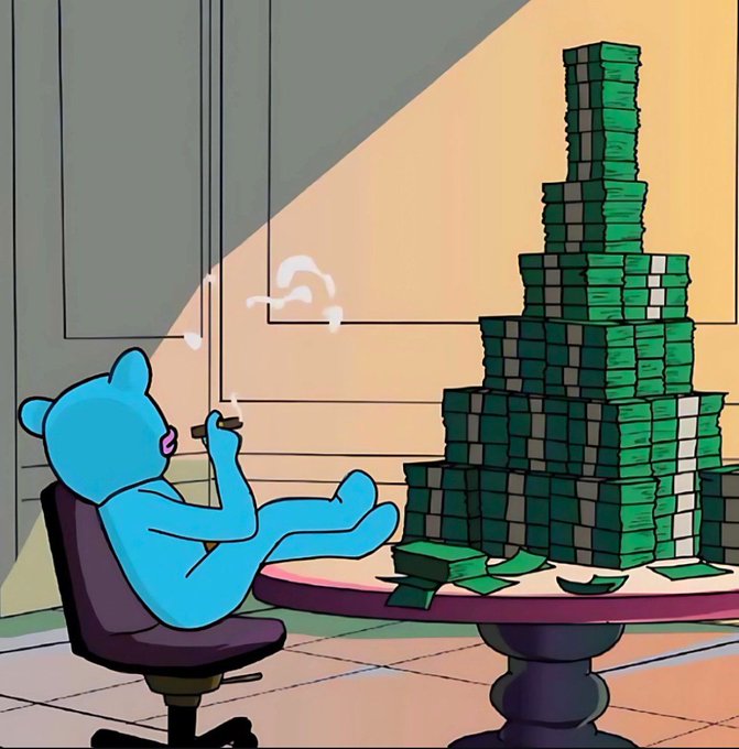 A cartoon illustration of a blue bear relaxing in a chair smoking a cigar next to a massive towering pyramid of cash on a table.