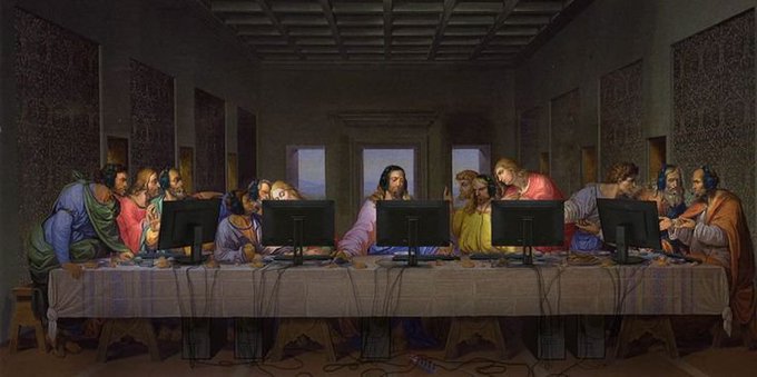 A humorous edit of Leonardo da Vinci's 'The Last Supper' where modern flat-screen computer monitors have been added along the table in front of each figure.