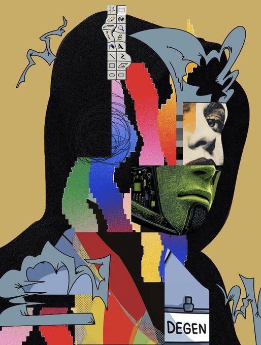 A vibrant digital collage portrait features a fragmented face combining glitch-art color bands, a stylized jester mask, and computer interface elements with the text "DEGEN" at the bottom, mirroring the speculative crypto-holder slang used in the post. The bold "R3ORDR" branding and "DEGEN" label visually echo the poster's reference to "strong holders" climbing the leaderboard.