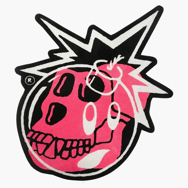 A pink Bored Ape Yacht Club (BAYC) skull logo with spiky black hair and a registered trademark "®" symbol, representing the BAYC x Hundreds rug being sold.