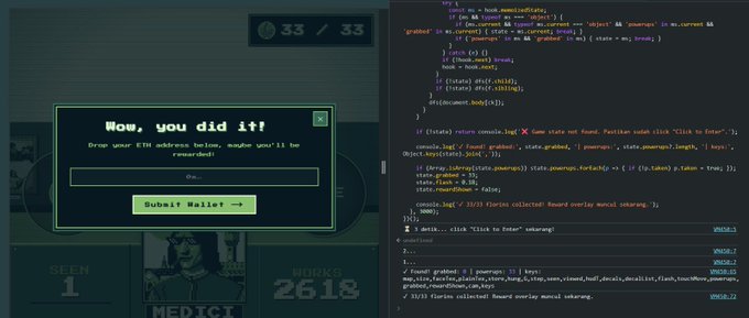 The image shows a screenshot of a webpage with a "Wow, you did it!" completion message and a "Submit Wallet!" button, alongside a browser console displaying JavaScript code (with elements like "console.log" and "click") used to bypass manually collecting all 33 items. This visually demonstrates the script execution method described in the post for automating reward collection on the galleria.theflorentines.xyz site.