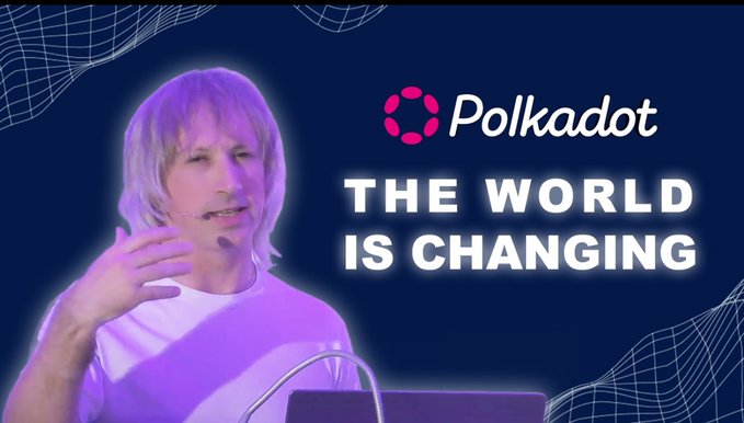 A man with shoulder-length gray hair speaks on stage beside the Polkadot logo and the text "THE WORLD IS CHANGING," visually reinforcing the post's concern about major projects like Centrifuge departing the Polkadot ($DOT) ecosystem.