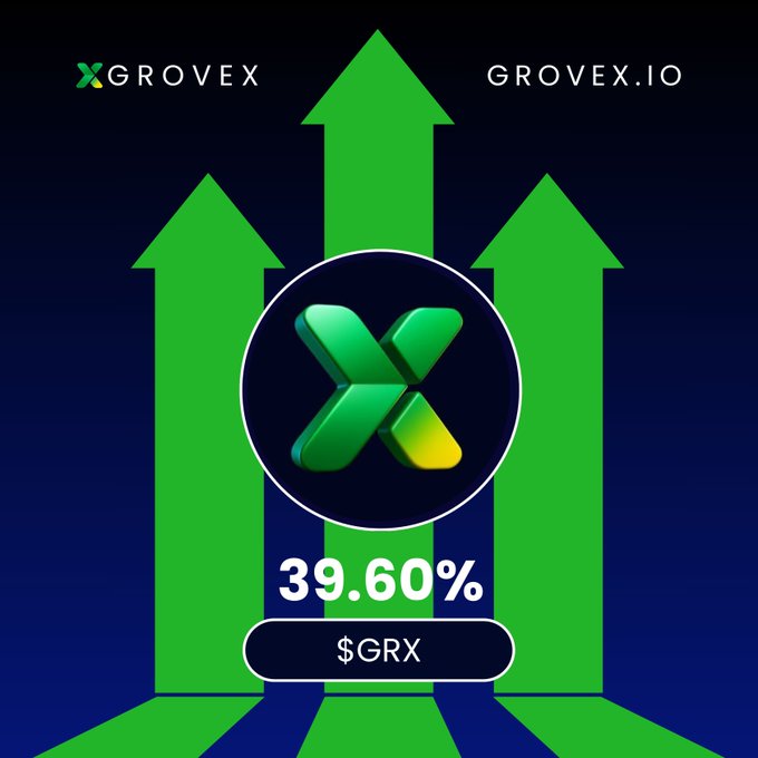 A promotional graphic for 'GROVEX' (GROVEX.IO) showing green upward arrows, the $GRX token symbol, and a 39.60% figure.