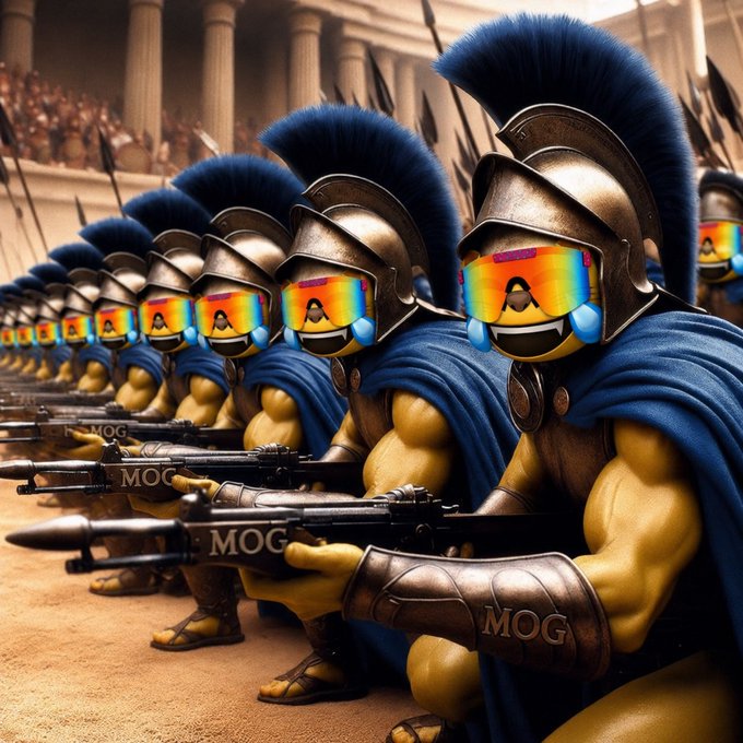 A line of muscular Spartan warriors wearing rainbow-tinted visors and "MOG" helmets crouch in formation while aiming their assault rifles in an arena. The image captures the bullish, ready-for-battle energy of the meme coin community rallying behind the $MOG ticker.