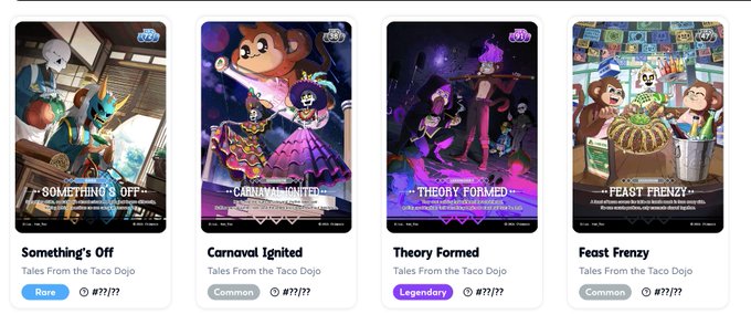 The image shows four different cartoon-style posters for various games or movies displayed side by side. The posters are arranged vertically, with each poster featuring a unique title and description of the game or movie featured within its pages. The first poster has a title "Dancing Monkey" and is located on the left side of the image. The second poster has a title "Carnival Ignored" and is positioned in the middle of the image. The third poster, titled "Theory From the Taco Dog", is situated to the right of the image. Lastly, the fourth poster displays a title "Peak Prod" on its pages.
