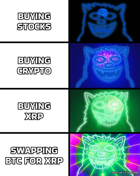 A four-panel meme with neon psychedelic cat faces showing increasing intensity: "BUYING STOCKS" (blue), "BUYING CRYPTO" (purple), "BUYING XRP" (green), and "SWAPPING BTC FOR XRP" (full neon rave mode).