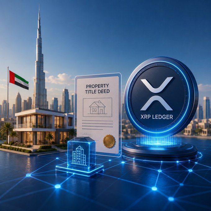 The image shows a Dubai cityscape with the Burj Khalifa and a UAE flag, alongside a "PROPERTY TITLE DEED" document and an XRP Ledger emblem, illustrating Dubai's real estate tokenization initiative on the XRP blockchain. This visual reinforces the post's message about Dubai's $16 billion goal of tokenizing property deeds via Ripple-powered infrastructure.