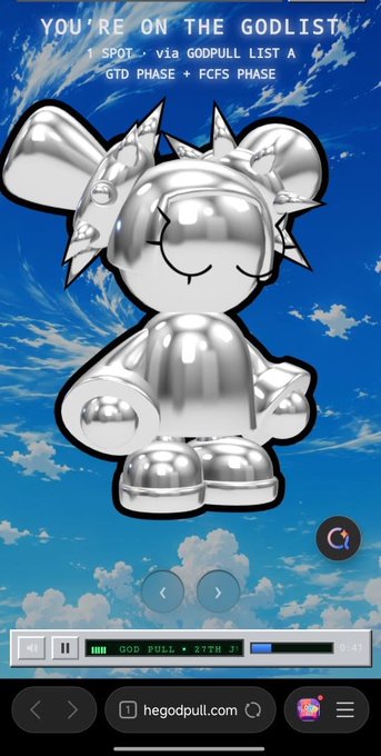 A promotional image from hogodpull.com announces 'YOU'RE ON THE GODLIST!' showing a chrome-like cartoon figurine with a crown and angel wings, indicating a 'GTD PHASE + FCFS PHASE' win.